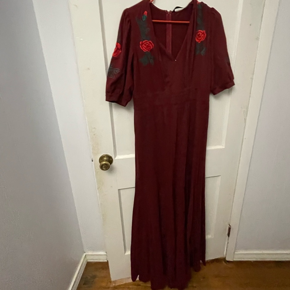 Rose Embroidery Floor Length Red Dress